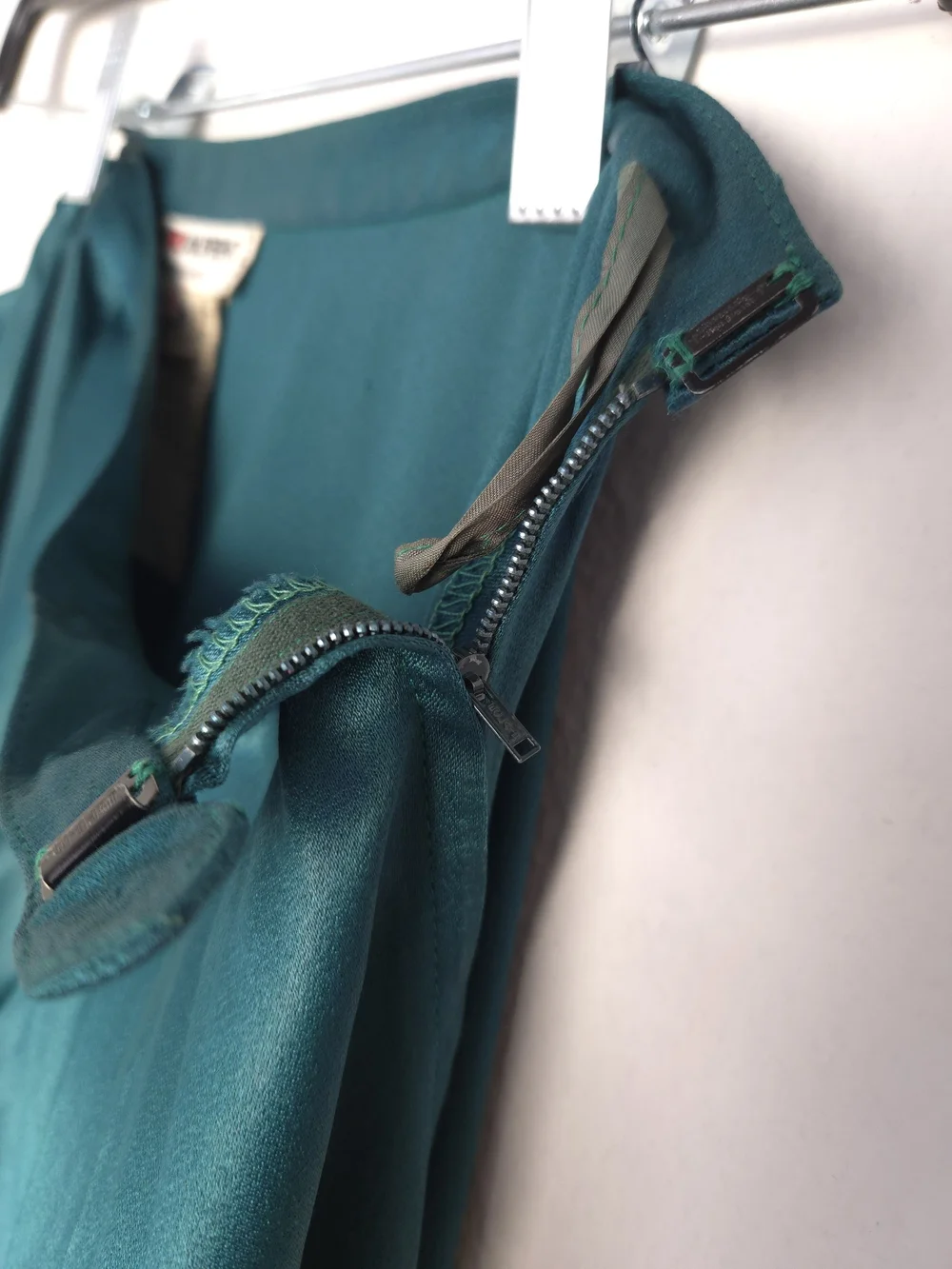 Vintage YSL Rive Gauche Satin High Low Skirt FR 40 Teal Emerald Asymmetric Rare